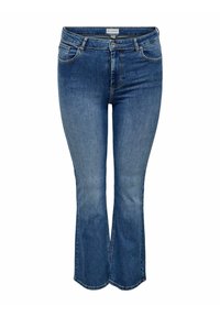 Zilā flared džinsu bikses, izgatavotas no denim, ar vidēju vidukli, piecām kabatām un smalku mazgāšanas tekstūru ar nelielām akcentiem audumā.