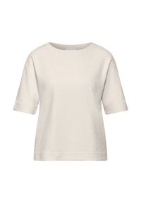 Lichtbeige shirt met korte mouwen, ronde hals, textuurstof en een ontspannen pasvorm, zonder opvallende patronen of accenten.
