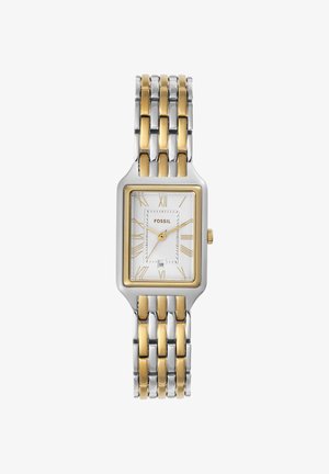 Rectangular silver and gold wristwatch with white dial, gold Roman numerals, three hands, date window, and linked two-tone metal bracelet.