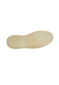 Gummisohle in hellbeige mit einem Fischgrätenmuster, glatter Oberfläche und einem kreisförmigen Akzent im Fersenbereich.