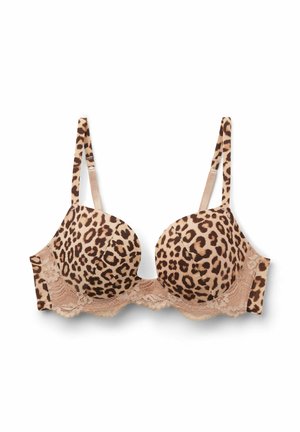 Leopardmönstrad push-up-bh med släta, vadderade kupor. Beige spetskant längs bandet och kanterna, justerbara axelband och en stängning bak.