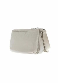 Borsa a spalla in tela beige con chiusura a zip, una tasca frontale e tracolla regolabile, caratterizzata da una forma rettangolare slanciata.