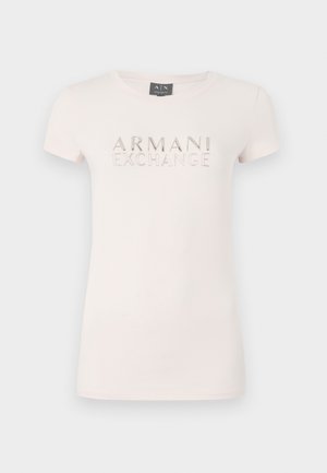 Light pink short-sleeve T-shirt featuring a raised logo "ARMANI EXCHANGE" in metallic accents. Soft fabric, classic round neckline, fitted shape.
