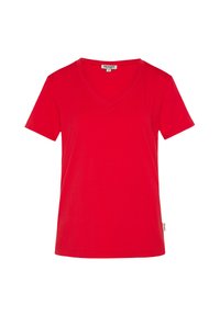 Red cotton t-shirt with a V-neckline, short sleeves, and a straight hem. Features a small label on the side seam.