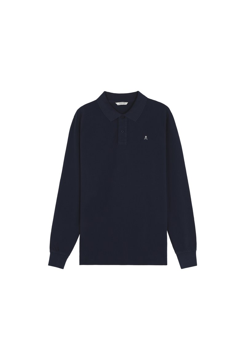 Polo de manga larga en color marino hecho de algodón, con cuello tipo polo, tapeta de tres botones y un pequeño logo bordado en el pecho.