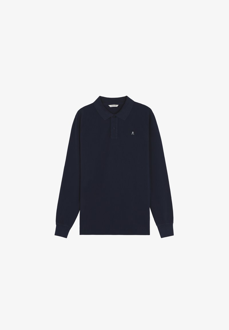 Polo de manga larga en color marino hecho de algodón, con cuello tipo polo, tapeta de tres botones y un pequeño logo bordado en el pecho.