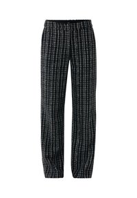 Pantalon noir avec un motif à carreaux blancs, coupe droite et taille élastique.