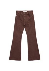 Ruske flared-farkut, jotka on valmistettu denimistä. Ne sisältävät etutaskut, napituskiinnityksen ja sileän pinnan. Ei näkyviä kuvioita tai koristeluja.