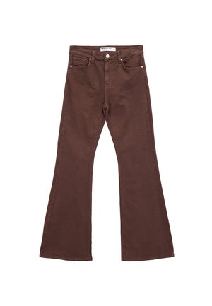 Bruine flared jeans van denim, met voorkruiszakken, een knoopsluiting en een gladde textuur. Geen zichtbare patronen of versieringen.