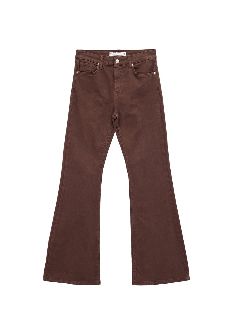 Ruske flared-farkut, jotka on valmistettu denimistä. Ne sisältävät etutaskut, napituskiinnityksen ja sileän pinnan. Ei näkyviä kuvioita tai koristeluja.