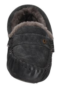 Gray suede moccasin with soft fur lining, featuring decorative stitching along the edges and a small metallic accent on the side.