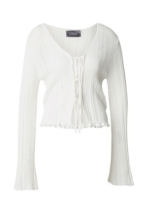 Witte gebreide cardigan met een V-hals, lange mouwen, trekkoordsluiting en een gerimpelde zoom. Voorzien van een geheel textuurpatroon.