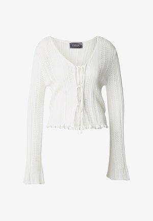 Witte gebreide cardigan met een V-hals, lange mouwen, trekkoordsluiting en een gerimpelde zoom. Voorzien van een geheel textuurpatroon.