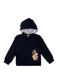 Felpa con zip di colore blu navy, con cappuccio foderato in grigio, caratterizzata da una stampa di un personaggio dei cartoni animati colorato sulla parte anteriore. Realizzata in tessuto morbido.