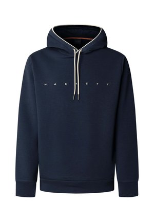 Sudadera con capucha azul marino con cordones blancos y texto "HACKETT" en el pecho, con capucha forrada y puños y dobladillo acanalados.