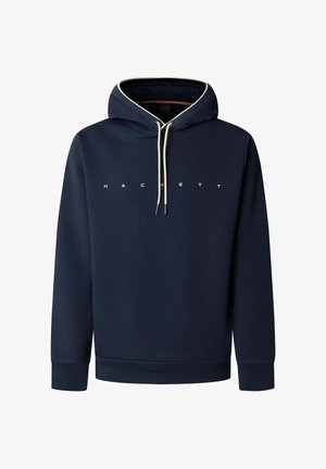 Marineblauwe hoodie met witte trekkoorden en de tekst "HACKETT" op de borst, voorzien van een gevoerde capuchon en geribbelde manchetten en zoom.