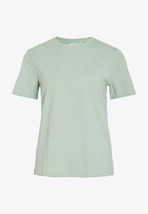 Lys grøn bomull t-skjorte med rund hals og korte ermer. Enkel design med en glatt tekstur uten mønstre eller pynt.