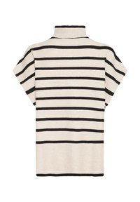 Kurzärmliges Strickoberteil mit einem hohen Kragen, hellbeige mit dunkelbraunen horizontalen Streifen und geripptem Saum für zusätzliche Textur.