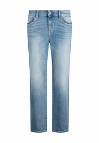 Svetlo modri jeans s ravnimi hlačnicami, petimi žepi, kontrastnim šivom in zadrgo, z diskretno bledico.