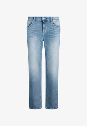 Jeans in denim azzurro chiaro con design a gamba dritta, cinque tasche, cuciture a contrasto e patta con cerniera, caratterizzati da una leggera trama sbiadita.