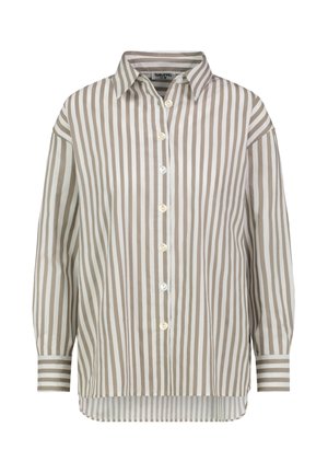 Striped button-up shirt featuring alternating light beige and white stripes, made from a lightweight fabric with a relaxed fit and pointed collar.