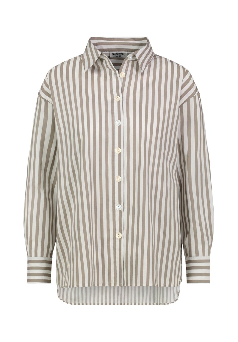 Striped button-up shirt featuring alternating light beige and white stripes, made from a lightweight fabric with a relaxed fit and pointed collar.
