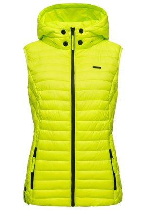 Limegrön ärmlös puffer-väst med huva, med horisontell sömnad, svart dragkedja och två sidofickor.