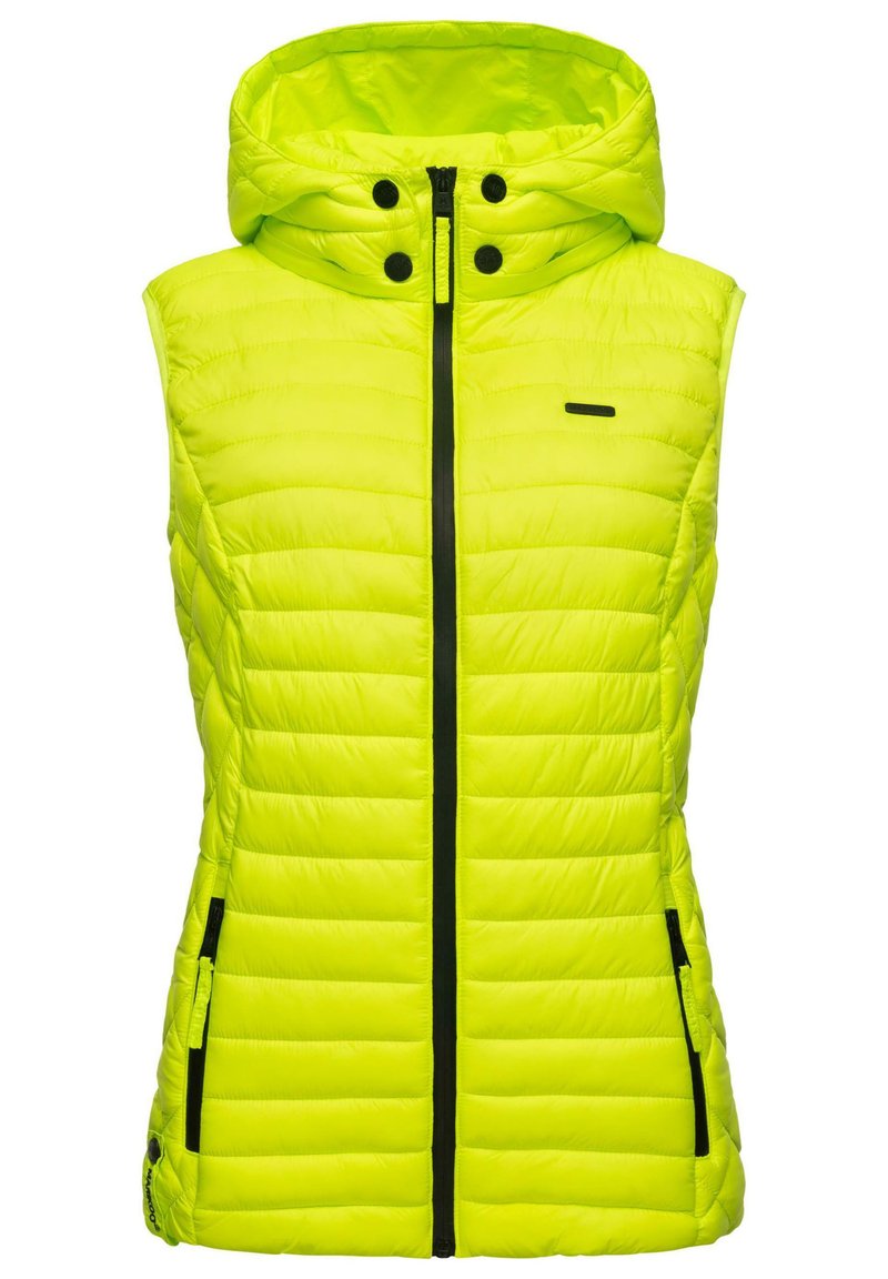 Limegrön ärmlös puffer-väst med huva, med horisontell sömnad, svart dragkedja och två sidofickor.