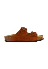 Sandali in suede marrone con due fibbie regolabili, una soletta in sughero e una suola in gomma testurizzata. Design open-toe per garantire traspirabilità.