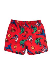 Pantaloni da nuoto rossi realizzati in tessuto con vita elastica, caratterizzati da vari personaggi e logo di supereroi in colori brillanti.