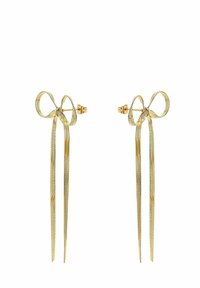 Guldfärgade örhängen med en båge-design och flödande banddetaljer, tillverkade av ett slätt metallmaterial med en texturerad yta.