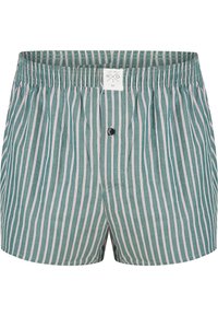 Boxer da uomo a righe in teal, con strette righe bianche e rosa, apertura con bottone e vita elastica per il comfort.