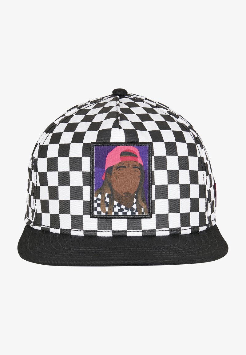 Black and white checkerboard cap with a flat brim, featuring a square patch depicting a character with long hair and a pink hat.