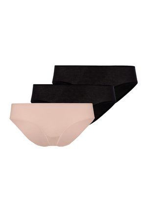 Trois culottes de bikini sans coutures pour femmes en beige et noir, disposées en chevauchement sur un fond blanc.