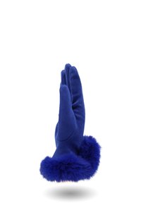 Guanto blu in camoscio con un morbido bordo in pelliccia attorno al polso, mostrato in posizione verticale su uno sfondo bianco.