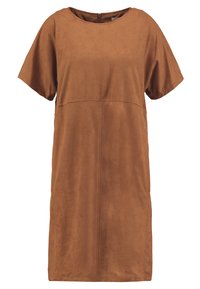 Braunes Wildlederkleid mit kurzen Ärmeln und Rundhalsausschnitt, mit geradem Schnitt und dezenten Nahtdetails. Reißverschluss im Rücken.