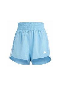 Pantalones cortos deportivos de color azul claro con una cintura elástica, que presentan rayas blancas a los lados y un pequeño logo en la pierna izquierda. Tela suave, corte holgado.
