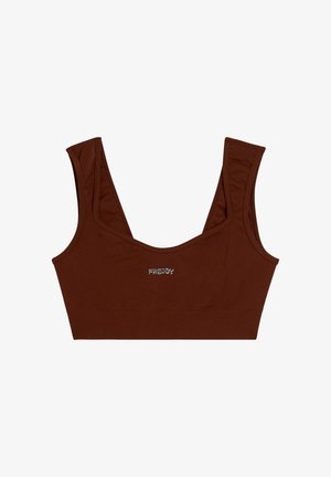 Top deportivo corto marrón con tirantes anchos y pequeño logo plateado "FREDDY" centrado en el frente, mostrado sobre fondo blanco.