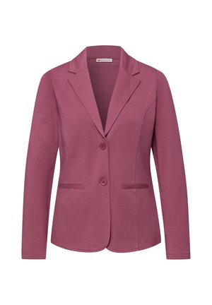 Blazer mauve sur mesure avec revers crantés, deux boutons sur le devant, manches longues et deux poches fendues à l'avant.