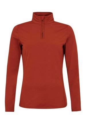 Rød langærmet top lavet af blødt, glat stof med høj krave og halv lynlås. Har minimal branding på brystet.
