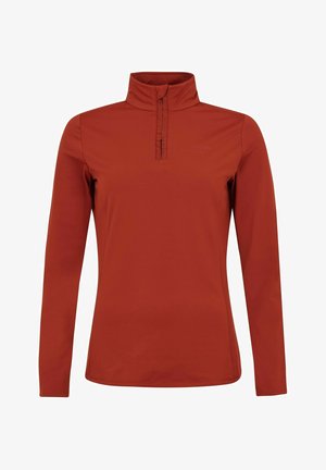 Rød langærmet top lavet af blødt, glat stof med høj krave og halv lynlås. Har minimal branding på brystet.