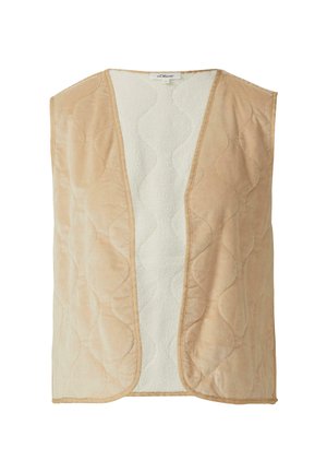 Beige gewatteerde mouwloze vest met open voorkant, zachte corduroy buitenkant en witte fleece voering, zonder zichtbare sluitingen of zakken.