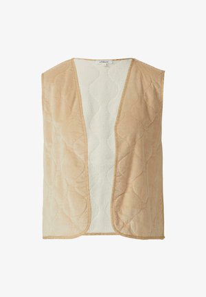 Beige quilted sleeveless vest with open front, soft corduroy exterior, and white fleece lining, no fasteners or pockets visible.