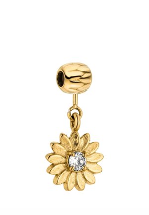 Goldener blumenförmiger Anhänger mit strukturierten Blütenblättern und einem klaren runden Edelstein in der Mitte, angebracht an einer goldenen Perle mit einem Loch zum Auffädeln.