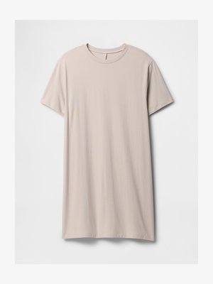 Light beige t-shirt dress made of soft cotton, featuring short sleeves, a round neckline, and a straight cut with a smooth texture.