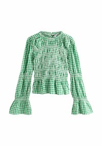 Grønternet bluse med smock-effekt, lange ærmer med udvidede manchetter og rund halsudskæring for en tætsiddende, indsamlet stil.