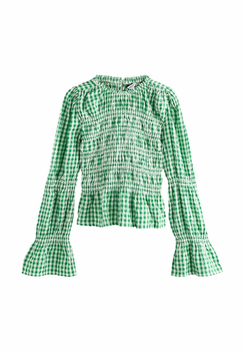 Grønternet bluse med smock-effekt, lange ærmer med udvidede manchetter og rund halsudskæring for en tætsiddende, indsamlet stil.