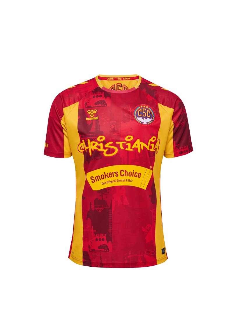 Röd och gul kortärmad tröja med grafiska motiv, ordet "Christiania" och "Smokers Choice"-logotyp med en rund märkning.