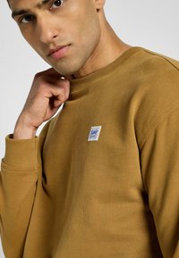 Felpa marrone in cotone con polsini e scollo a coste. Presenta una piccola toppa con logo blu e bianco di Lee sul davanti.