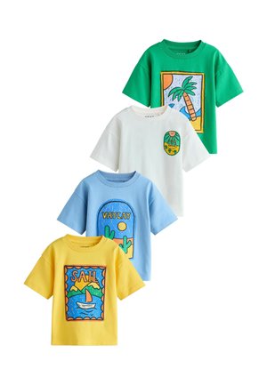 Set of four short-sleeve cotton t-shirts: green with palm tree print, yellow with sailboat, light blue with cactus, and white with sun design.